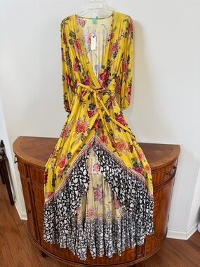 Anthropology Floral Yellow Wrap Maxi Dress with Black Contrast Skirt, NWT